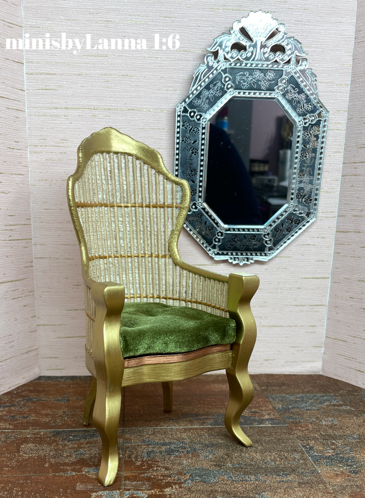 1:6 Dollhouse miniature Victorian rattan velvet light green chair