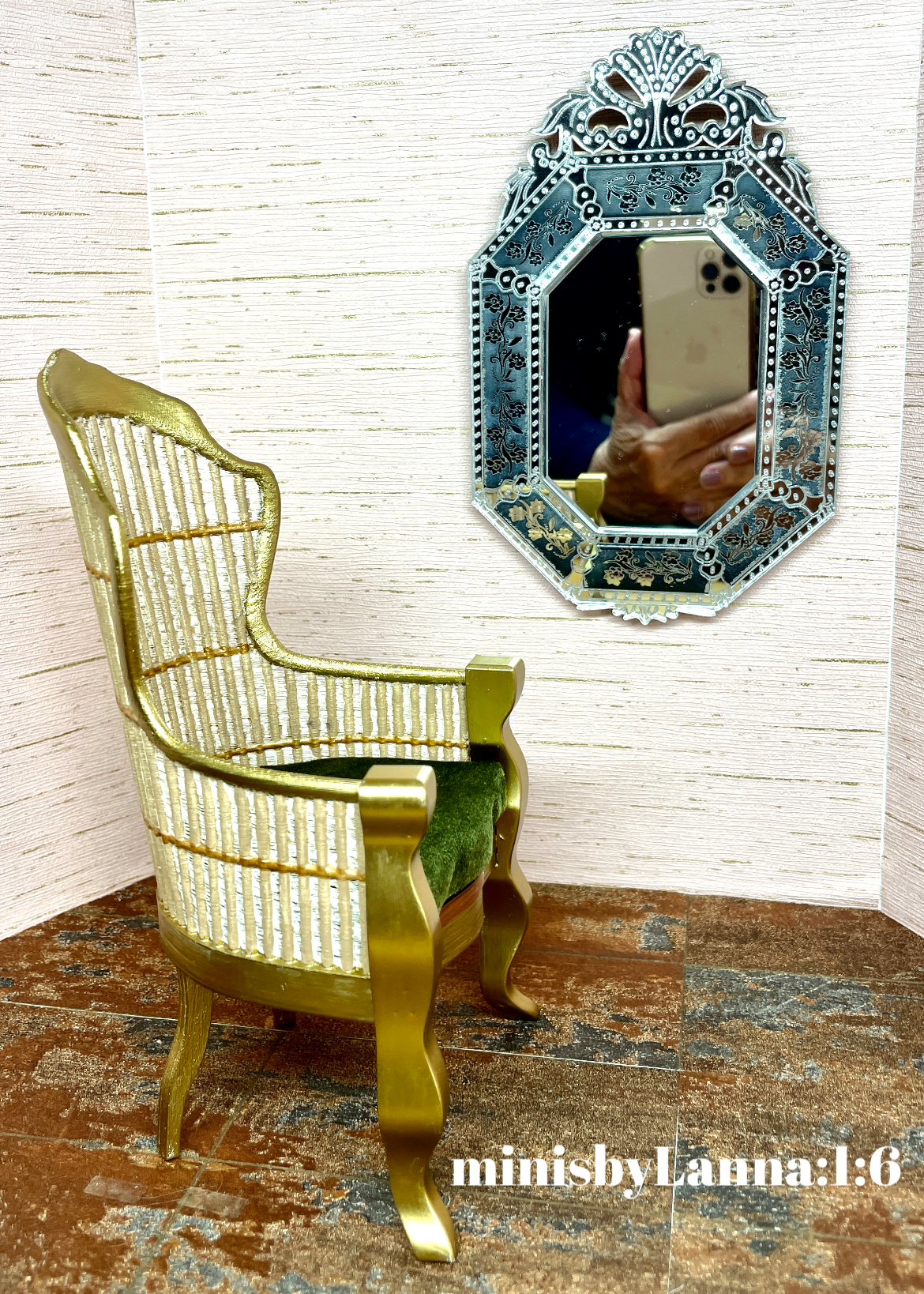 1:6 Dollhouse miniature Victorian rattan velvet light green chair