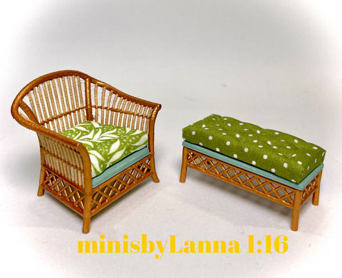 1:16 Dollhouse cane rattan armchair and stool tropical green - Lundby scale