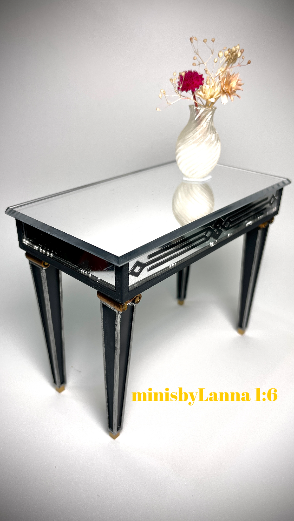 1:6 Dollhouse miniature engraved mirrored console table