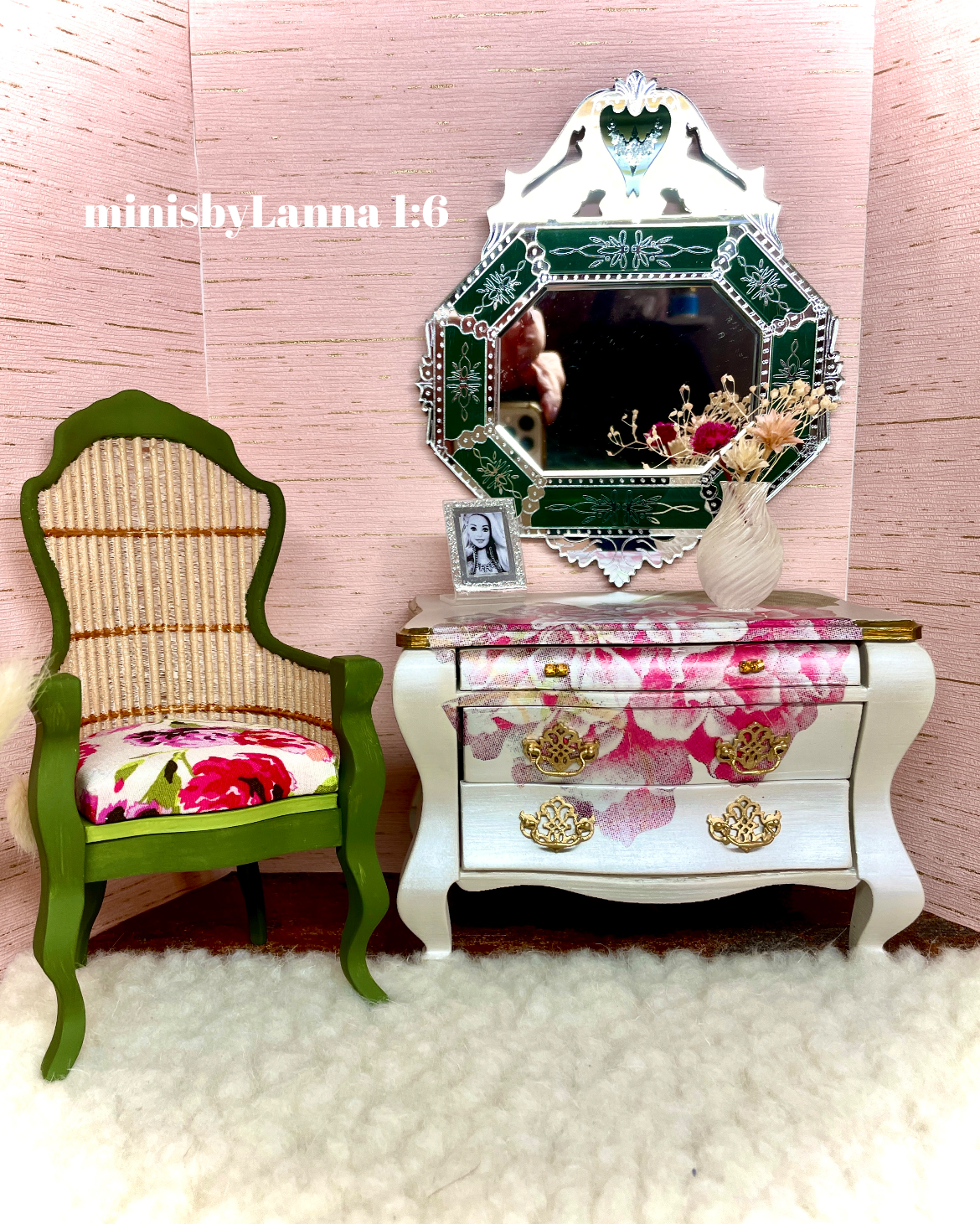 1:6 Dollhouse miniature Venetian classic large beveled green wall mirror
