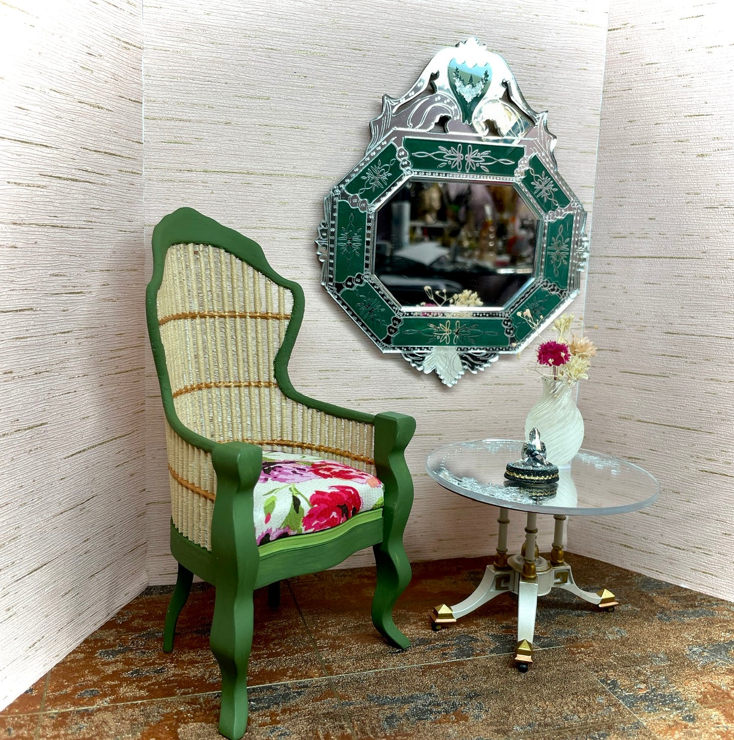 1:6 Dollhouse miniature Venetian classic large beveled green wall mirror