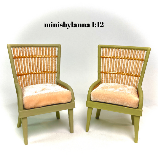 1:12 Dollhouse miniature pair of armchairs Art Deco rattan large light green vanilla cushion