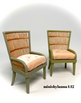 1:12 Dollhouse miniature pair of armchairs Art Deco rattan large light green vanilla cushion