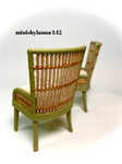1:12 Dollhouse miniature pair of armchairs Art Deco rattan large light green vanilla cushion