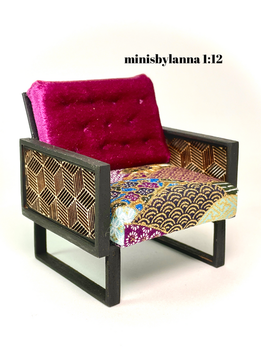 1:12 Dollhouse wooden Art Deco lattice armchair geometric blue - Various Colors