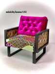 1:12 Dollhouse wooden Art Deco lattice armchair burgundy and geometric blue