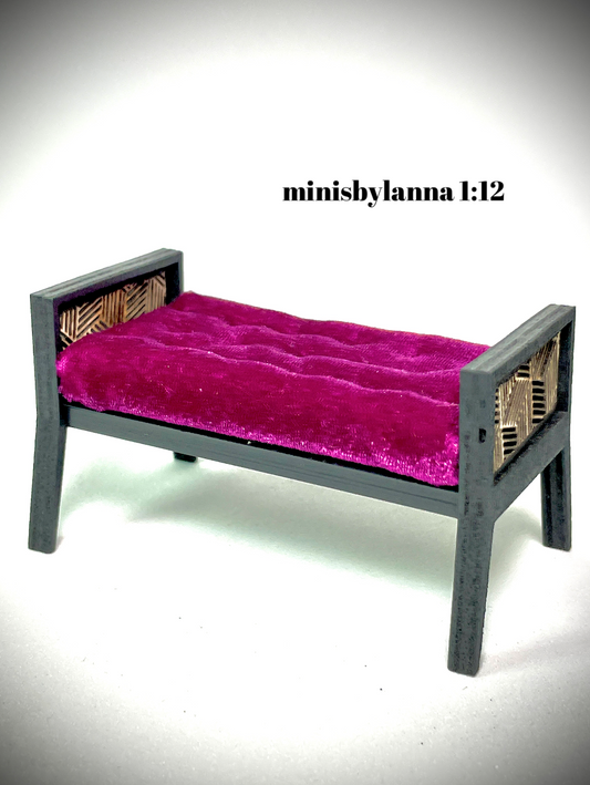 1:12 Dollhouse Art Deco wooden lattice long stool velvet burgundy