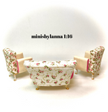 1:16 Dollhouse miniature living room set sofa and armchairs - Pink Roses
