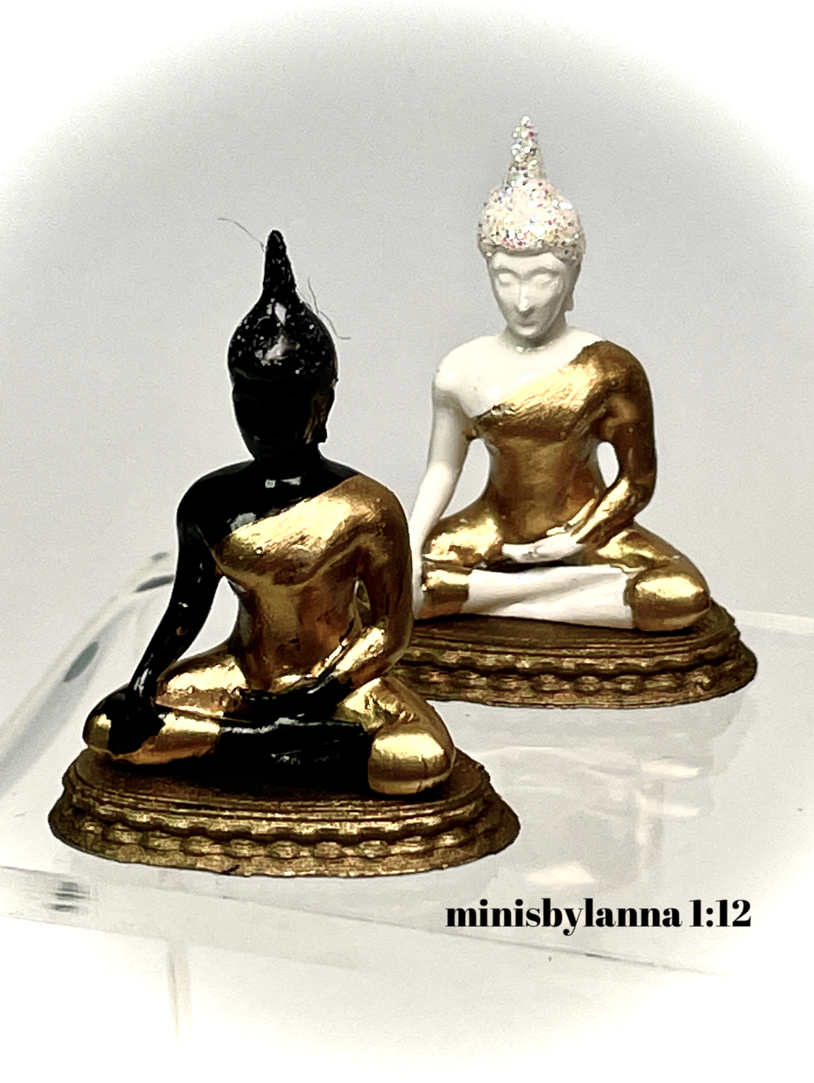 1:12 Dollhouse miniature Buddha pair sculptures in black & white