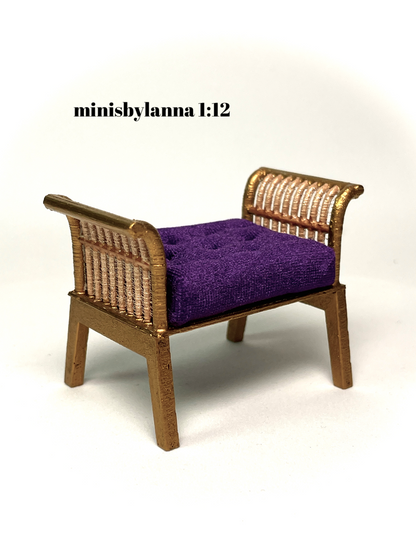 1:12 Dollhouse Art Deco rattan stool golden velvet purple
