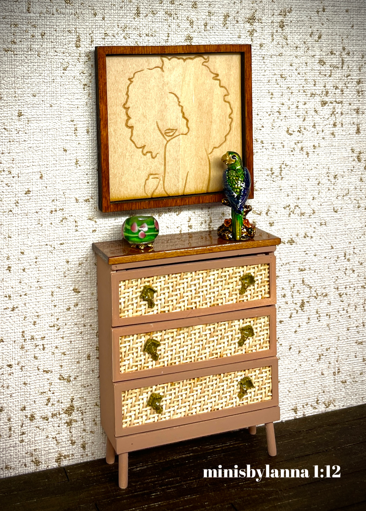 1:12 Dollhouse miniature raffia wooden chest of drawers beige