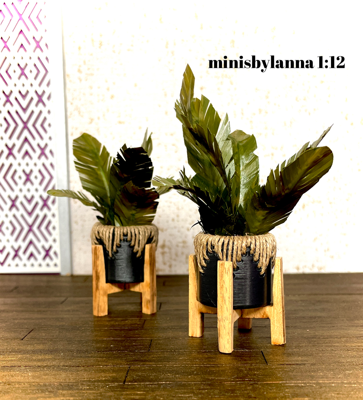 1:12 Dollhouse miniature tropical foliage pot with wooden stand - PAIR