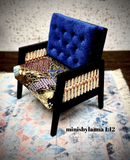 1:12 Dollhouse wooden Art Deco rattan armchair Royal blue and geometric blue