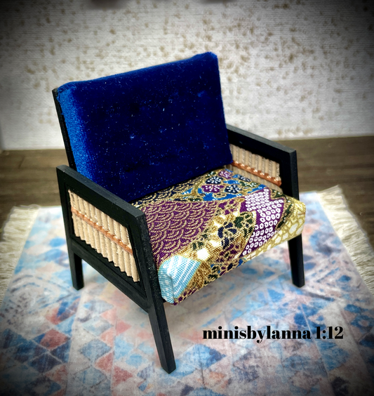 1:12 Dollhouse wooden Art Deco rattan armchair Royal-blue and geometric blue