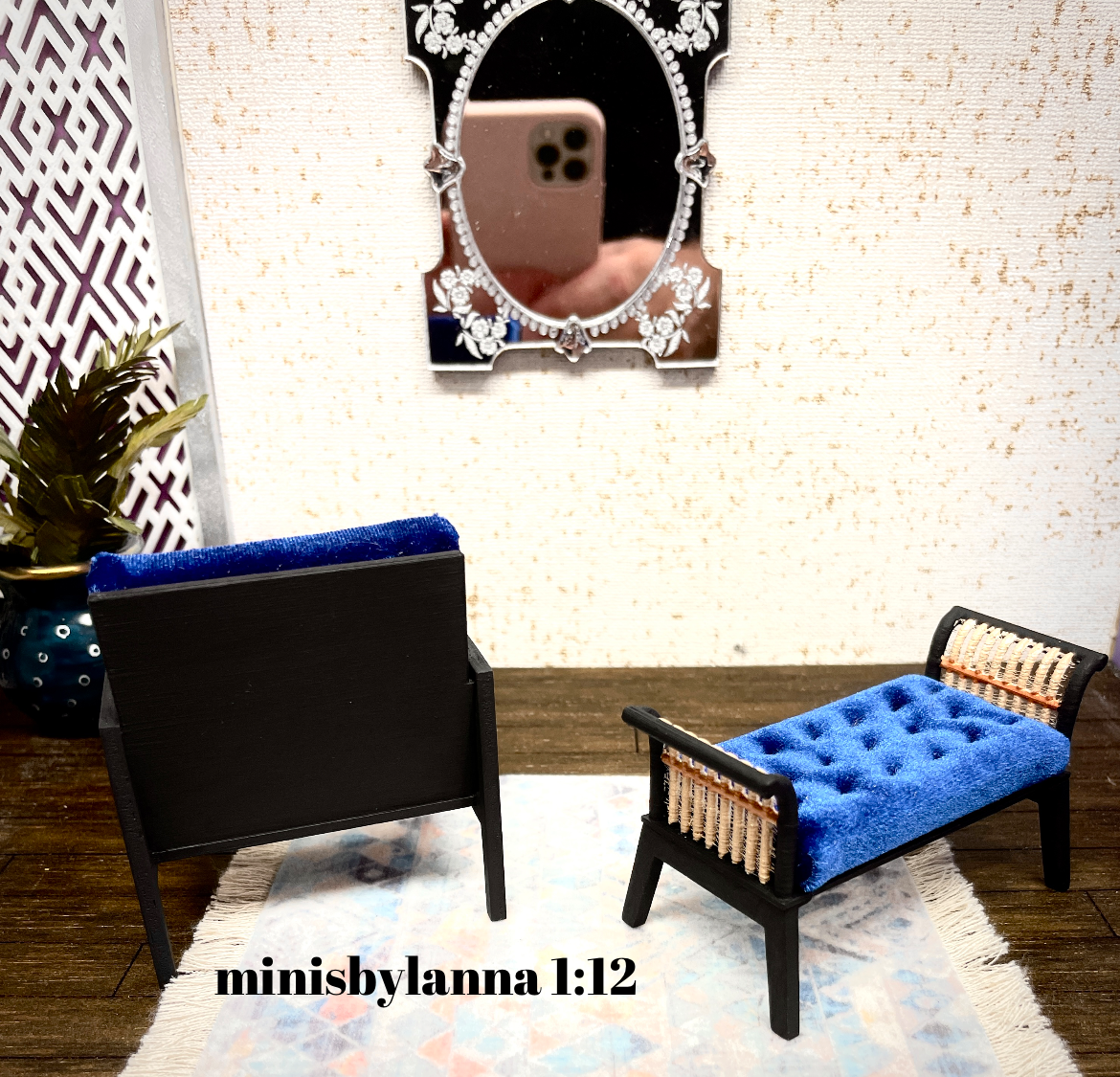 1:12 Dollhouse wooden Art Deco rattan armchair and long Stool Royal blue and geometric blue