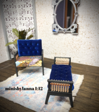 1:12 Dollhouse wooden Art Deco rattan armchair and long Stool Royal blue and geometric blue