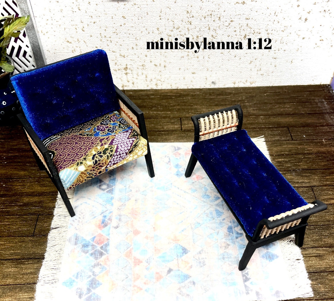 1:12 Dollhouse wooden Art Deco rattan armchair and long Stool Royal blue and geometric blue