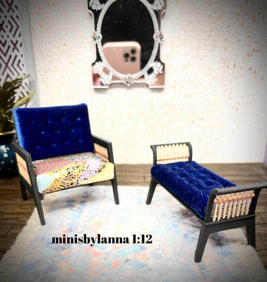 1:12 Dollhouse wooden Art Deco rattan armchair and long Stool Royal blue and geometric blue