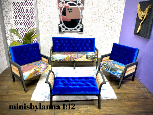 1:12 Dollhouse wooden Art Deco rattan living room set sofa armchairs long-stool Royal-blue and geometric blue