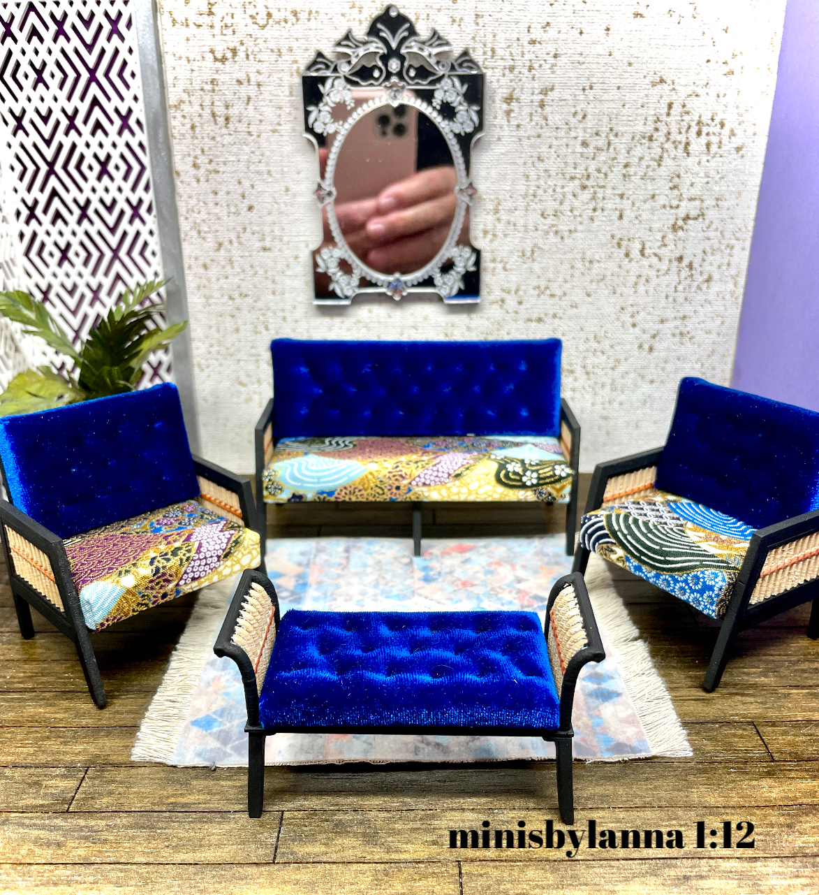 1:12 Dollhouse wooden Art Deco rattan living room set sofa armchairs long-stool Royal-blue and geometric blue