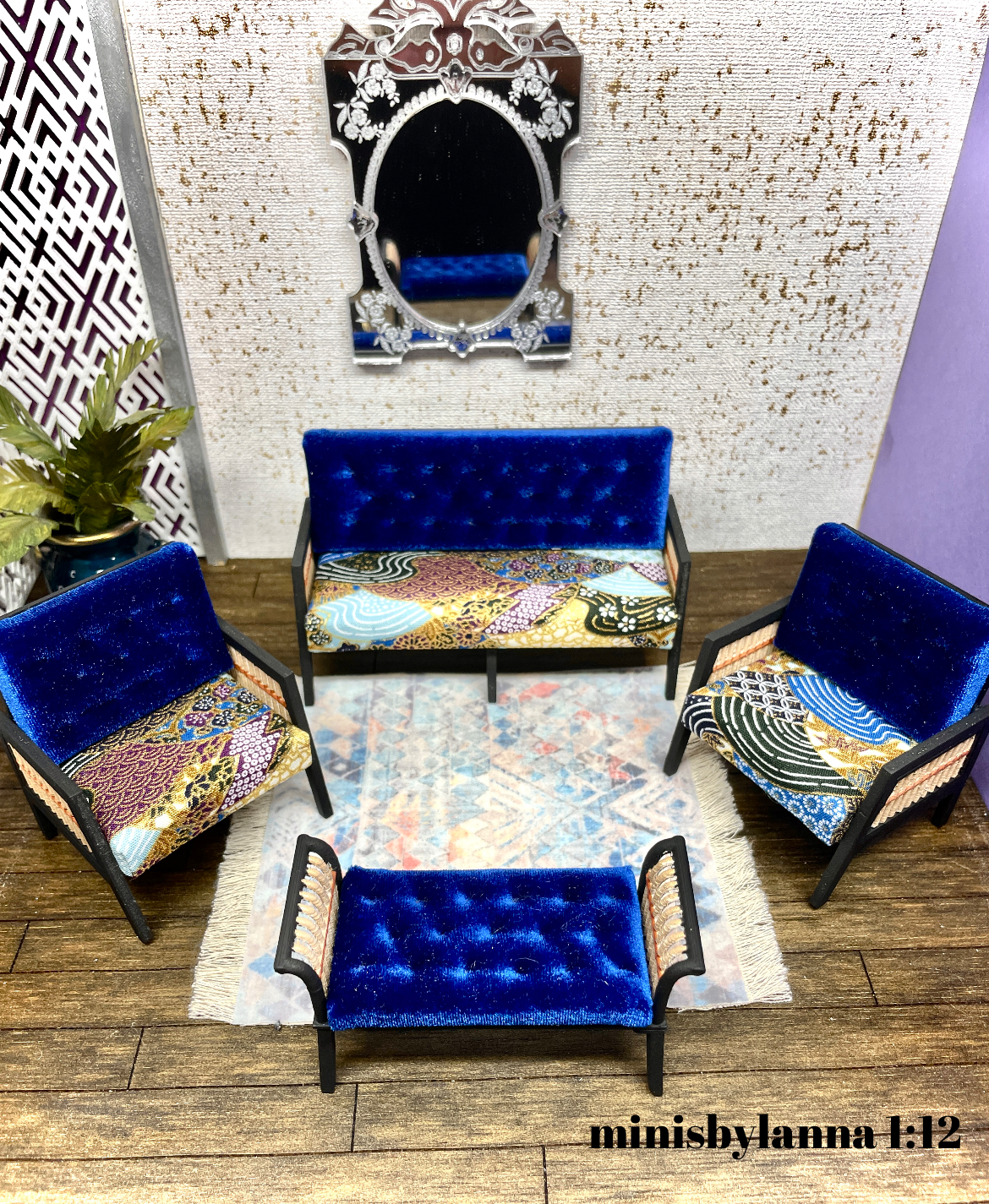 1:12 Dollhouse wooden Art Deco rattan living room set sofa armchairs long-stool Royal-blue and geometric blue