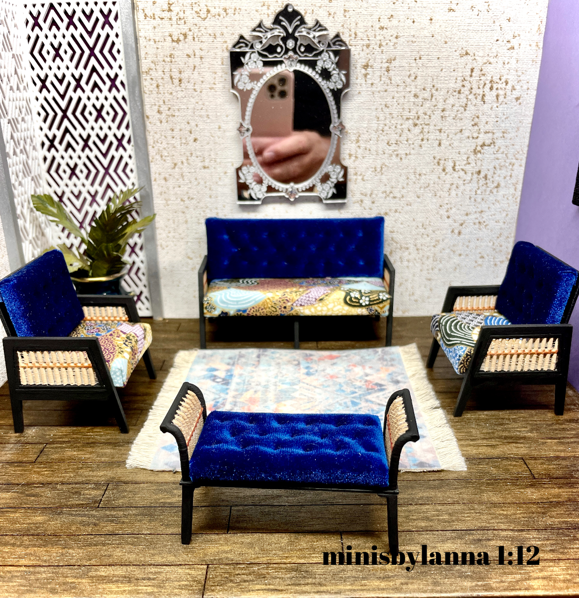 1:12 Dollhouse wooden Art Deco rattan living room set sofa armchairs long-stool Royal-blue and geometric blue