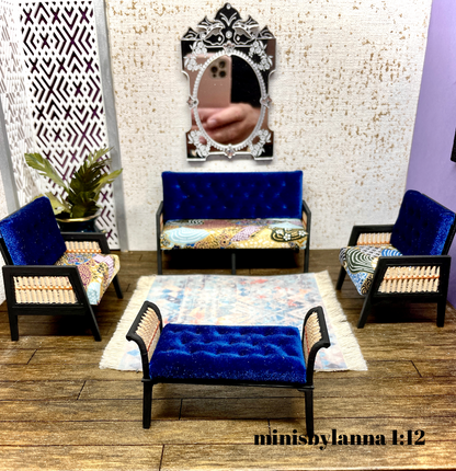 1:12 Dollhouse wooden Art Deco rattan living room set sofa armchairs long-stool Royal-blue and geometric blue