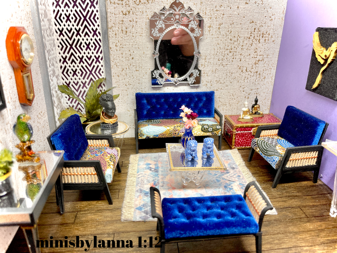 1:12 Dollhouse wooden Art Deco rattan living room set sofa armchairs long-stool Royal-blue and geometric blue