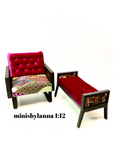 1:12 Dollhouse wooden Art Deco lattice armchair and long Stool burgundy geometric blue