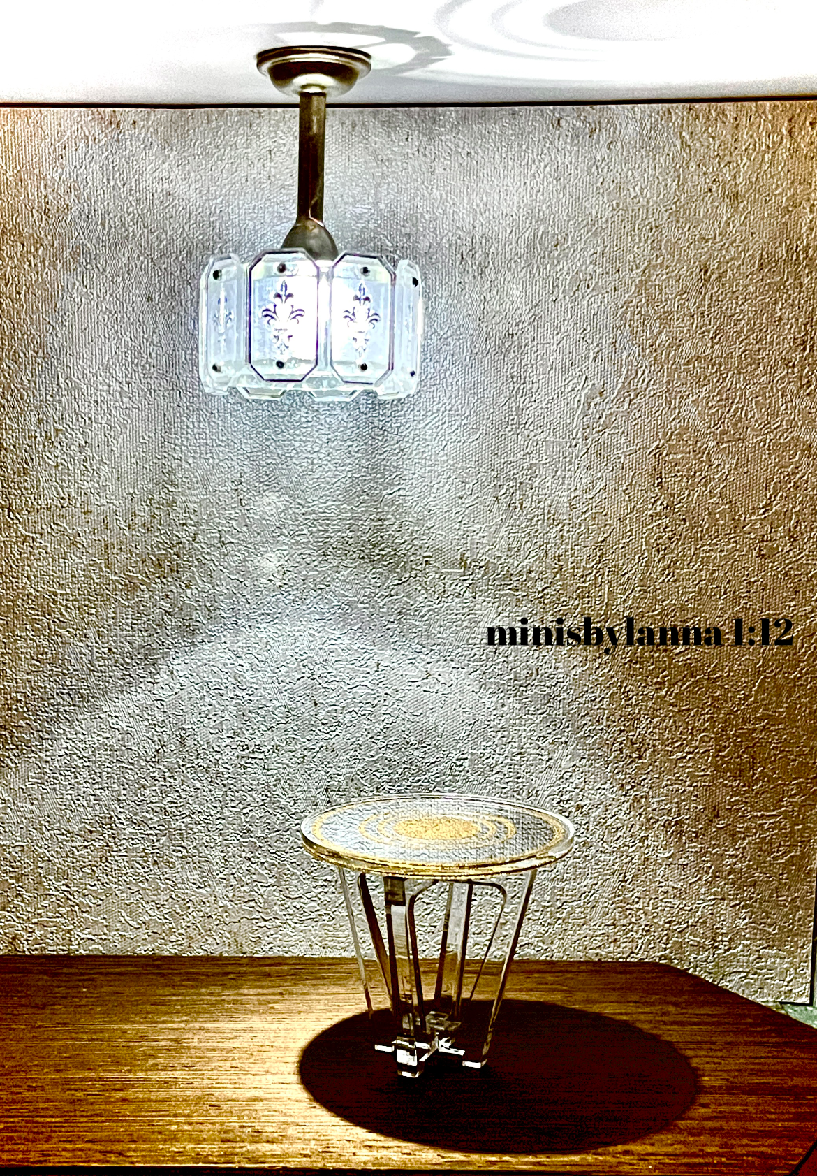 1:12 Dollhouse chandelier and table lamp mid century crystal mirror panels working LED