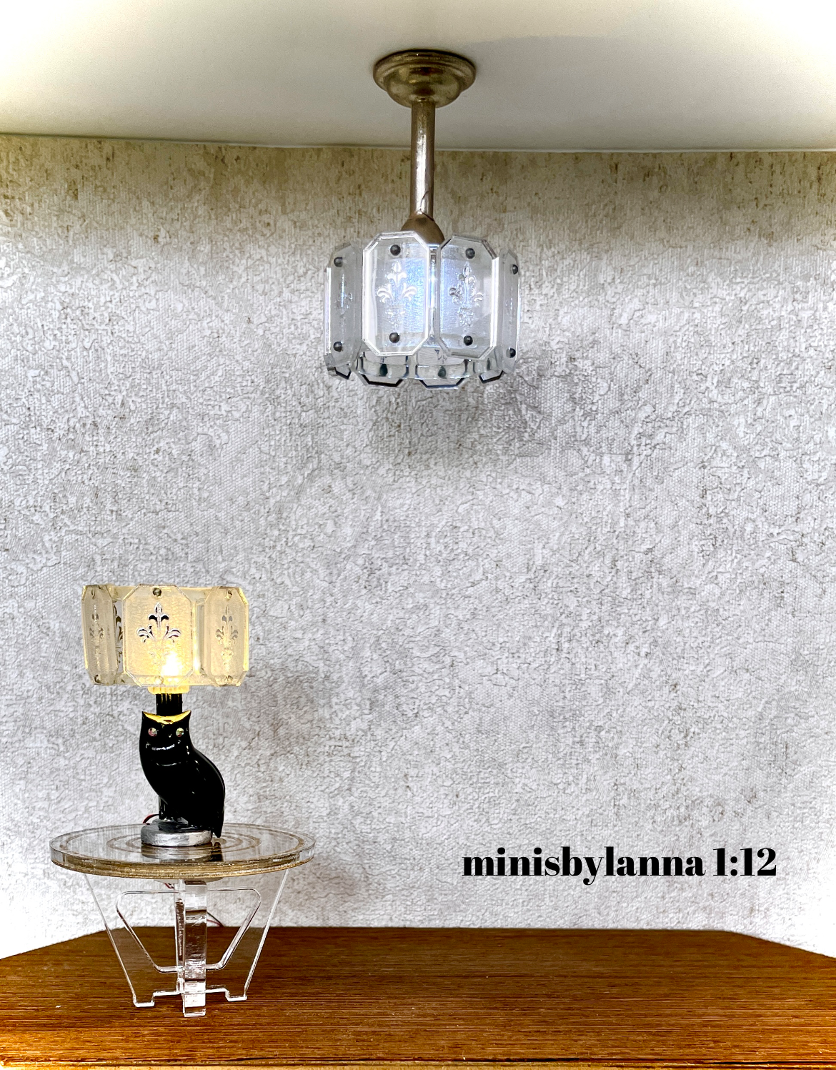 1:12 Dollhouse chandelier and table lamp mid century crystal mirror panels working LED