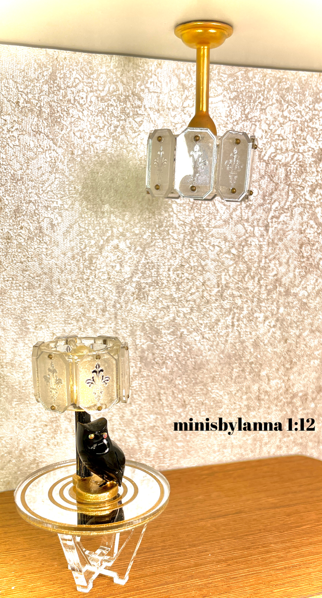 1:12 Dollhouse chandelier and table lamp mid century crystal mirror panels working LED