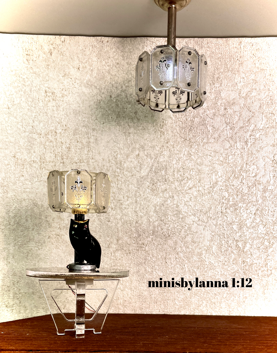 1:12 Dollhouse chandelier and table lamp mid century crystal mirror panels working LED