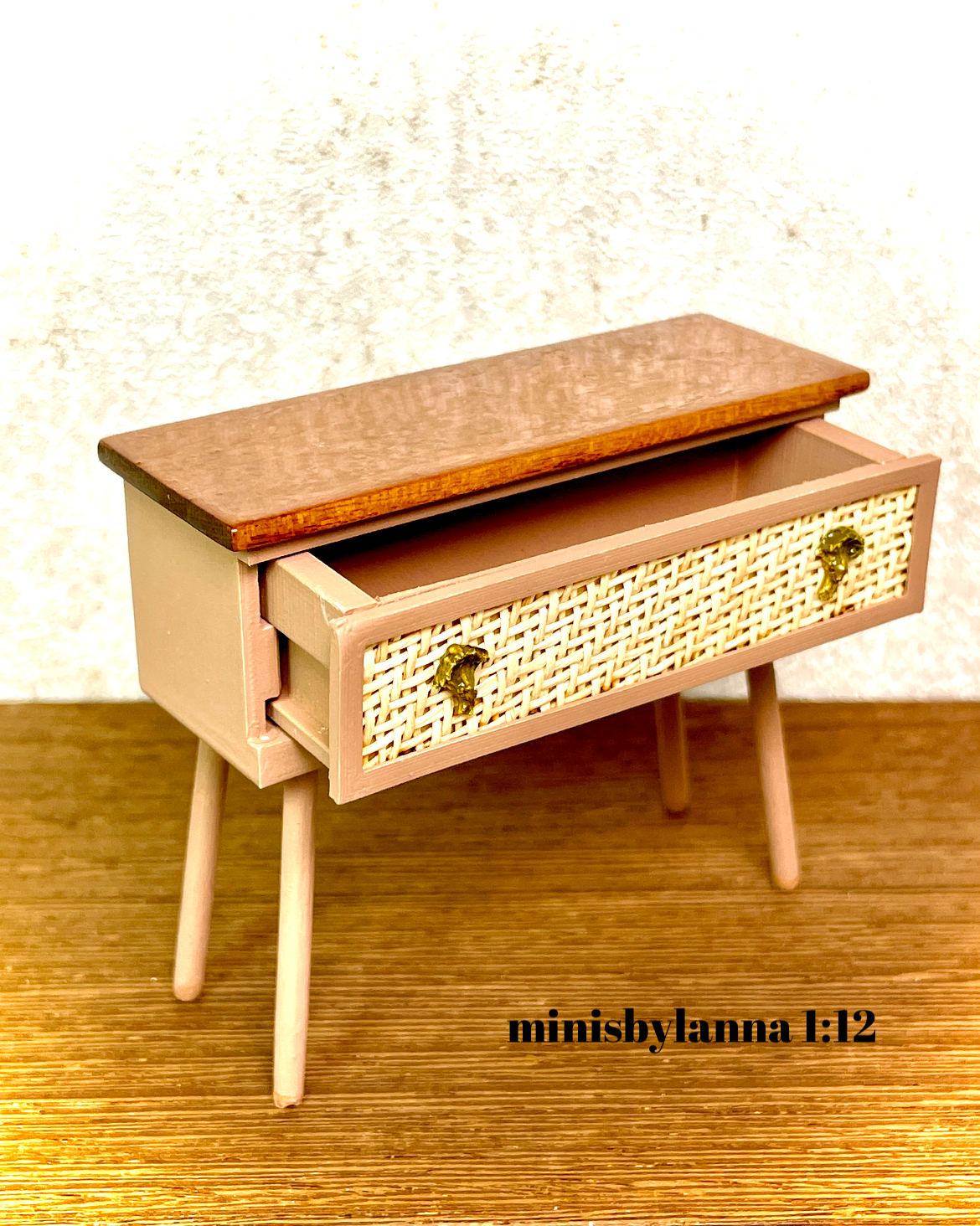 1:12 Dollhouse miniature raffia wooden chest of drawers 1 beige