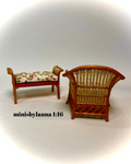 1:16 Dollhouse cane rattan armchair and stool pink roses - Lundby scale