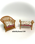 1:16 Dollhouse cane rattan armchair and stool pink roses - Lundby scale