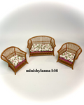 1:16 Dollhouse cane rattan living room set pink roses - Lundby scale