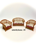 1:16 Dollhouse cane rattan living room set pink roses - Lundby scale