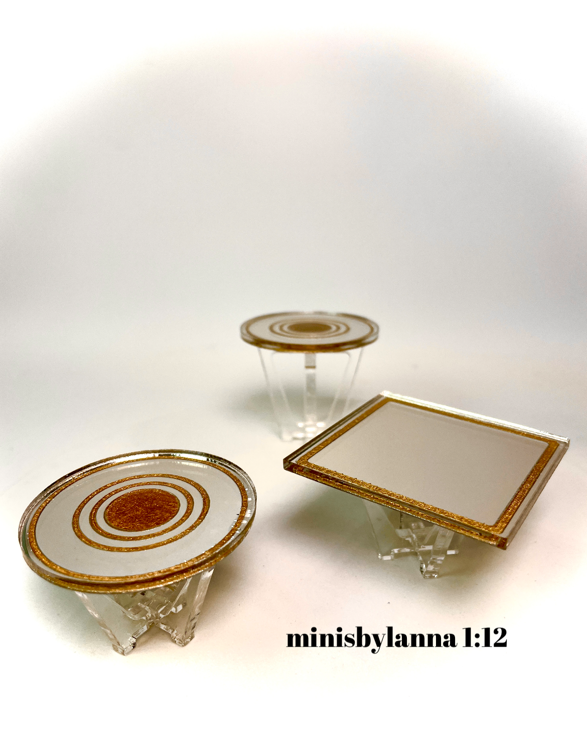 1:12 Dollhouse miniature three Art Deco side table set engraved gold top mirror