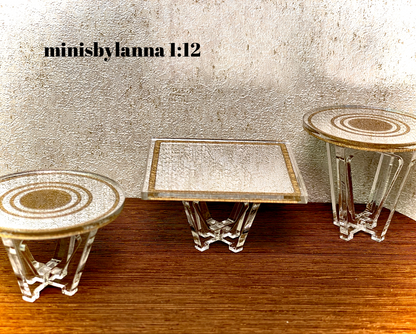 1:12 Dollhouse miniature three Art Deco side table set engraved gold top mirror