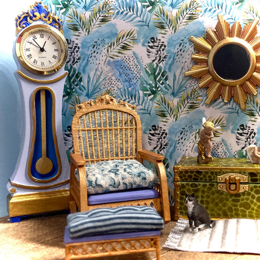1:16 Dollhouse cane rattan rocking chair / foot stool floral blue - Lundby scale