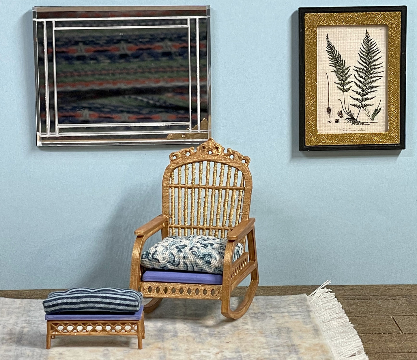 1:16 Dollhouse cane rattan rocking chair / foot stool floral blue - Lundby scale