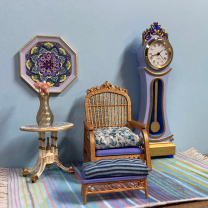 1:16 Dollhouse cane rattan rocking chair / foot stool floral blue - Lundby scale