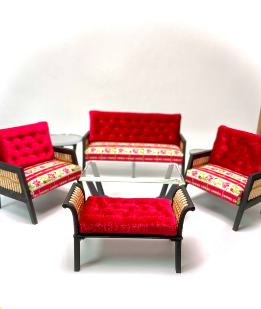 1:12 Dollhouse wooden Art Deco rattan red velvet furniture