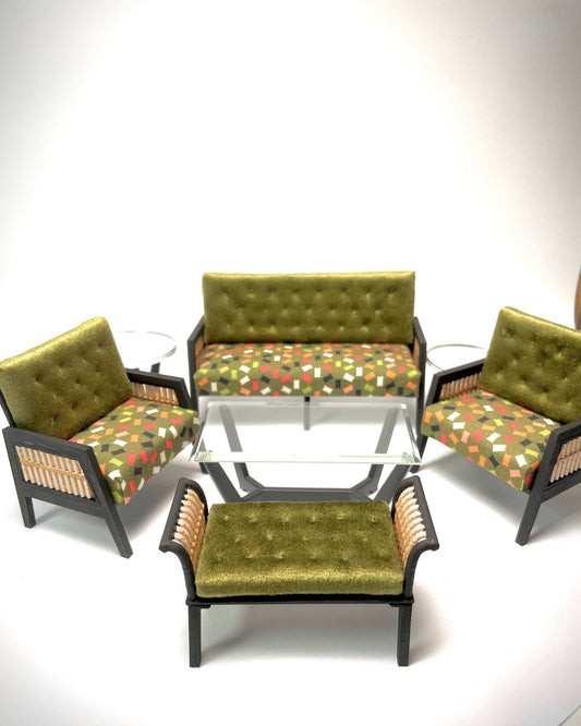 1:12 Dollhouse wooden Art Deco rattan olive green velvet furniture