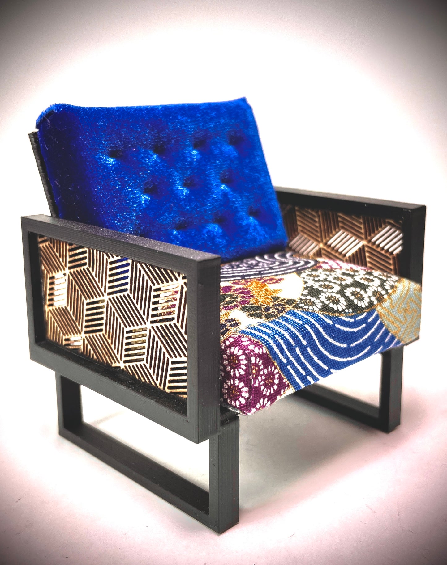 1:12 Dollhouse wooden Art Deco lattice armchair geometric blue - Various Colors