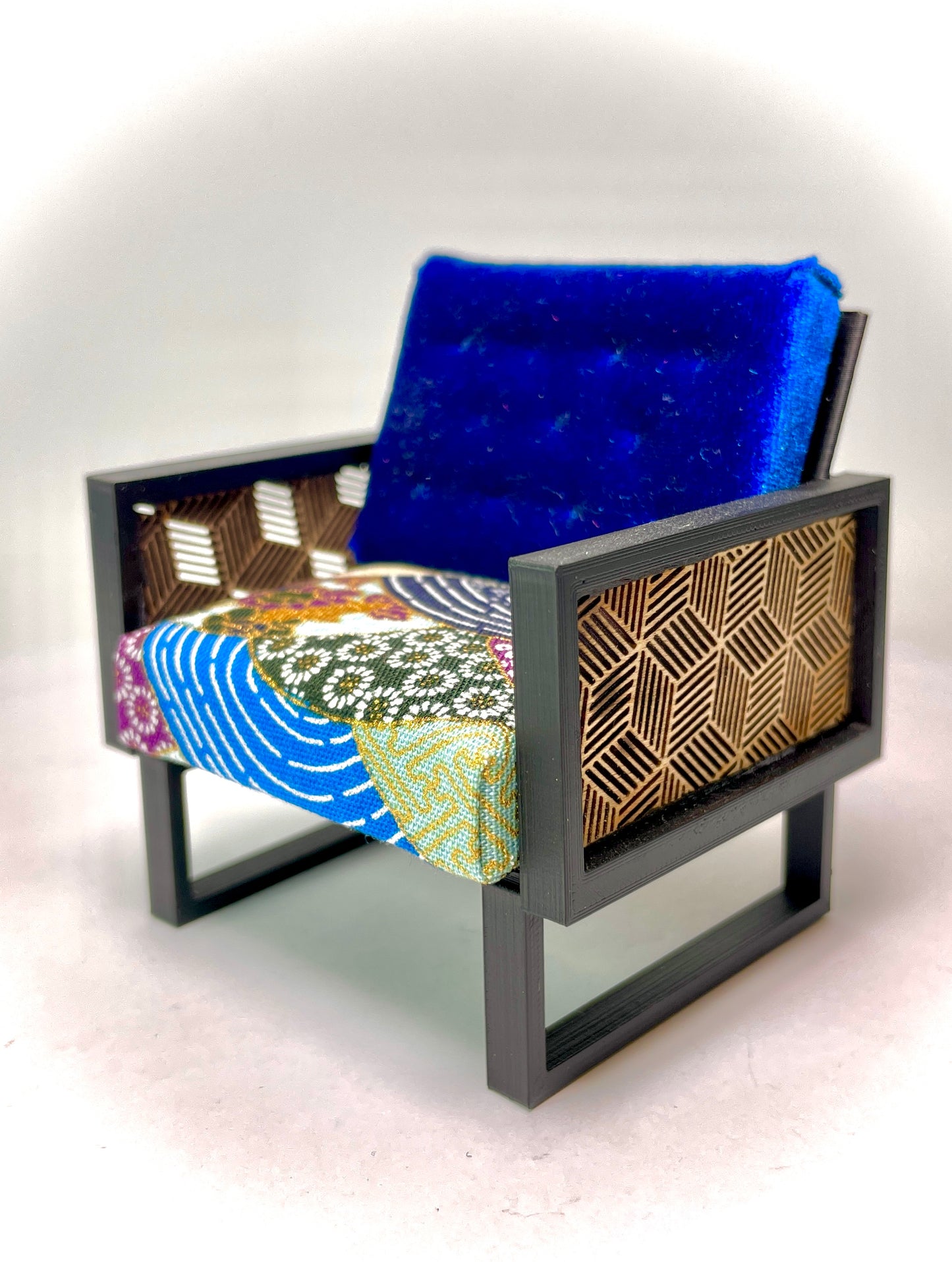 1:12 Dollhouse wooden Art Deco lattice armchair geometric blue - Various Colors