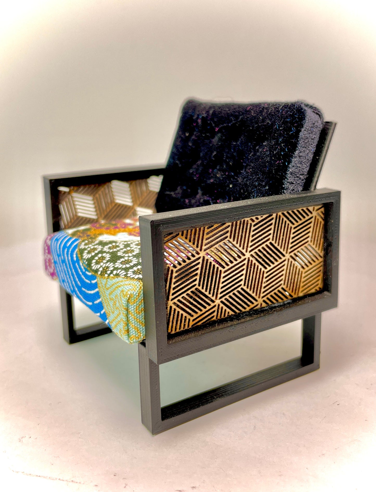 1:12 Dollhouse wooden Art Deco lattice armchair geometric blue - Various Colors