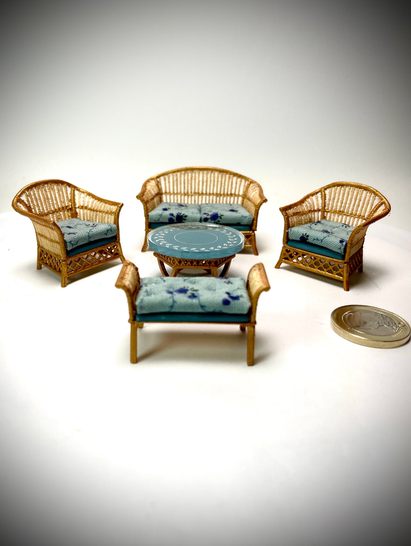 1:24 Dollhouse cane rattan blue 23 furniture - Half Scale